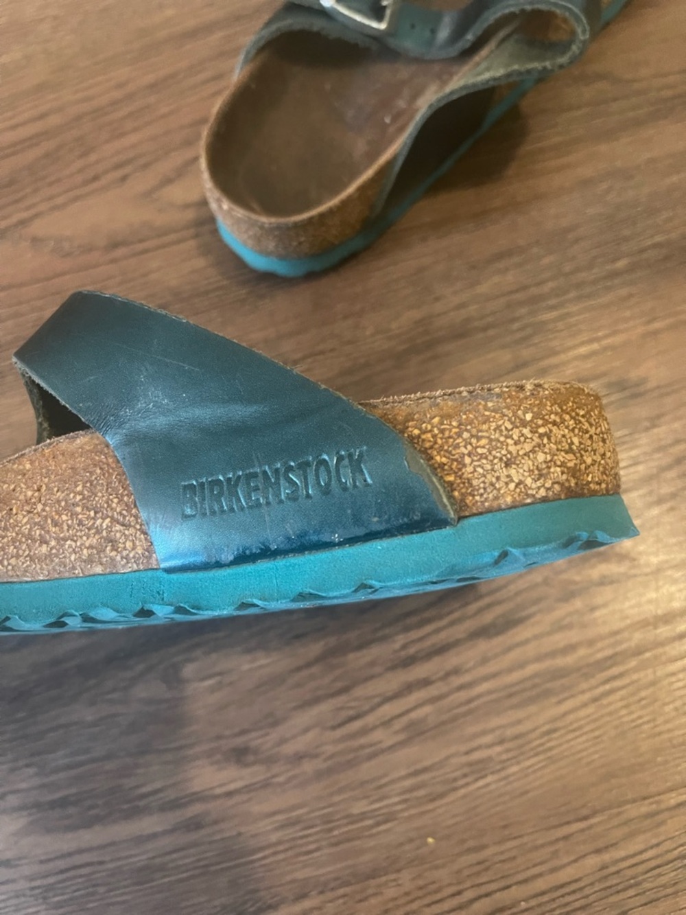Birkenstock Black Leather Slide Sandals with Teal Sole